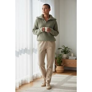 Poof Apparel Sage Green Sweater Sz M Chenille 1/4 Zip Soft Chunky Fold Collar